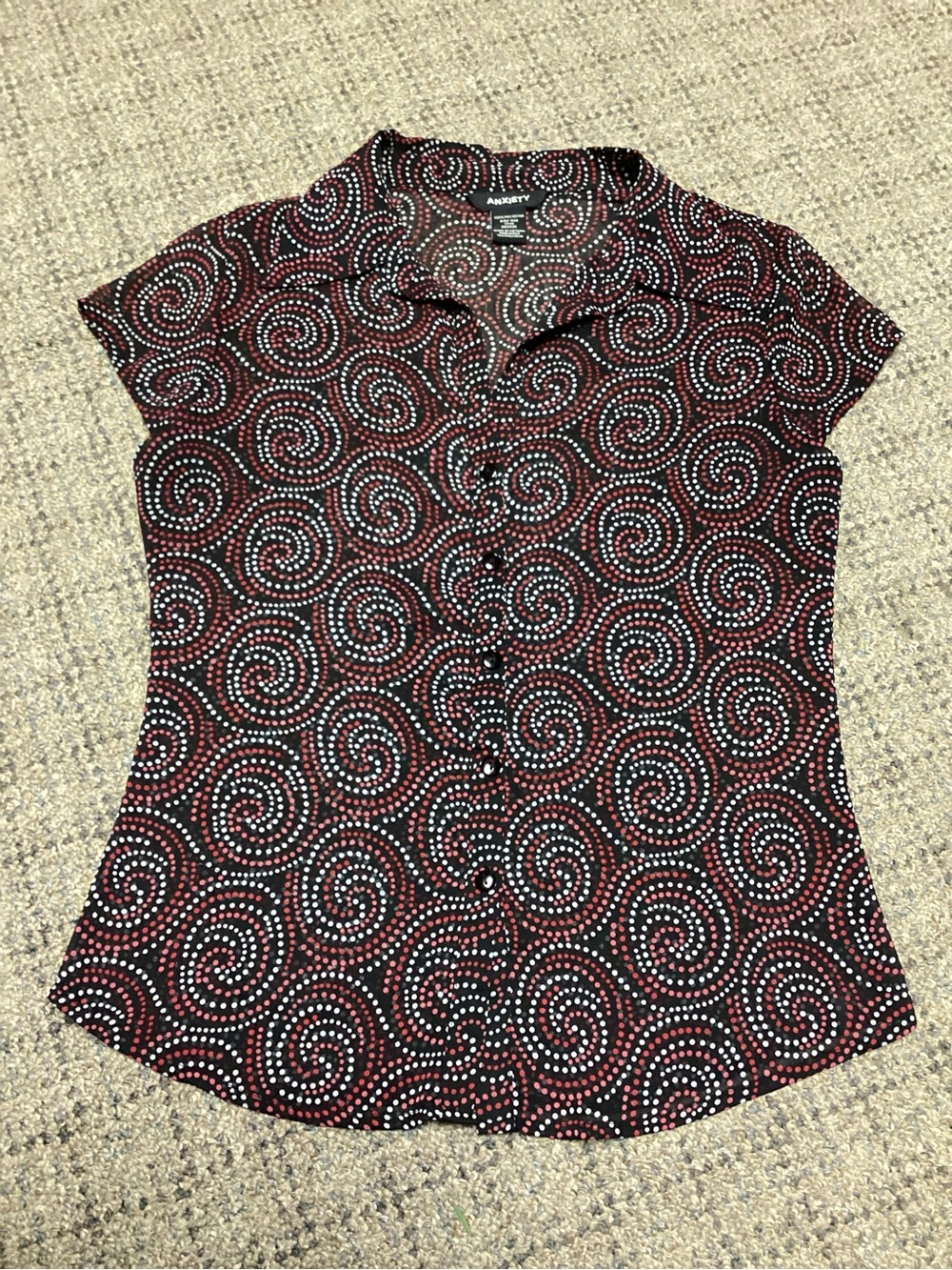 Anxiety Red Gray Black Spiral Dot Pattern Button Front Shear Blouse * Size M